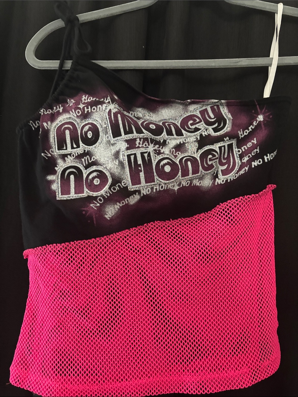 No Money No Honey Graphic Mesh Halter Tank - Black & Hot Pink